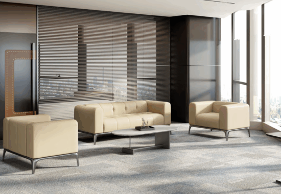 A luxury hotel business suite equipped with high-end modular office furniture.