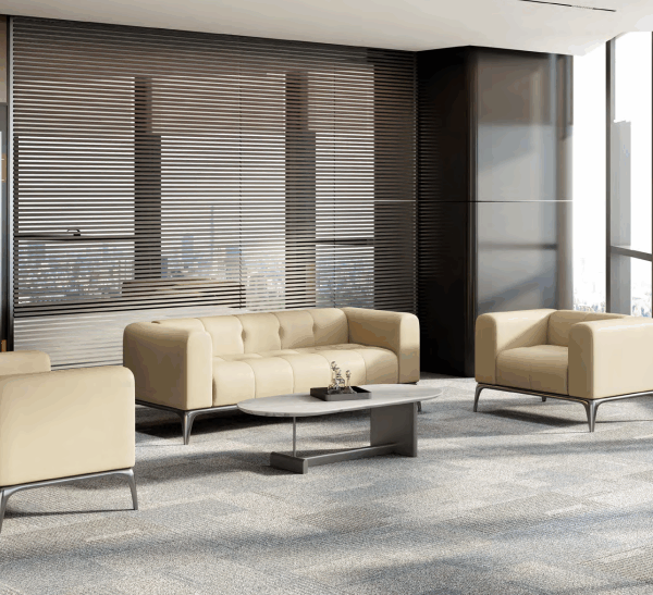 Modern open plan office with ergonomic furniture and natural lighting
