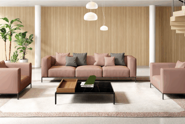 Collaborative workspace featuring modular furniture and acoustic partitions