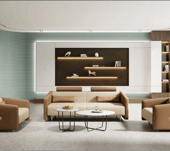 A hotel lobby transformed into a coworking space with communal tables and acoustic pods.