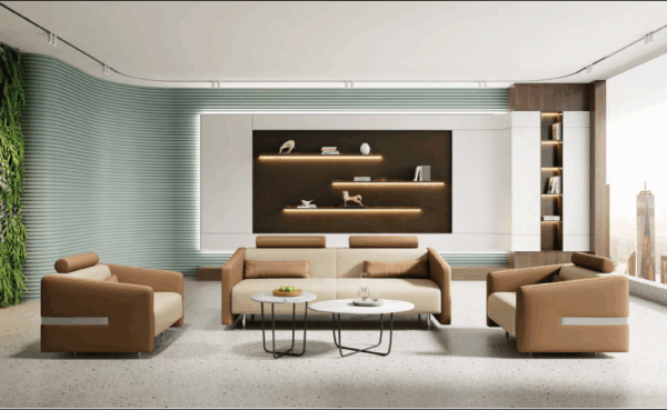 Professional office furniture consultant discussing project requirements