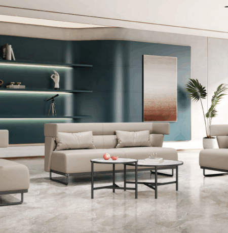 Modern office furniture manufacturing facility showing custom assembly lines