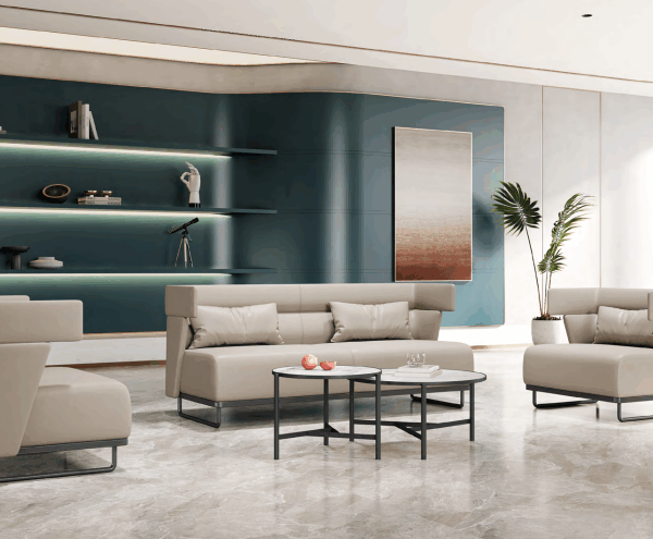 Showroom display of smart office technology integrated into height adjustable desks