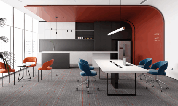Modern commercial office space featuring ergonomic workstations from a certified manufacturer