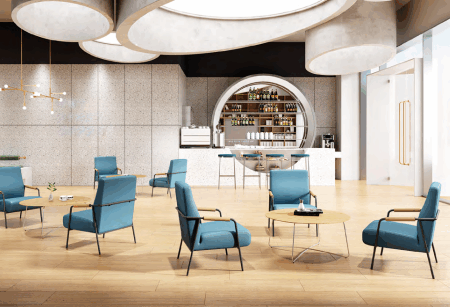 Modern hotel lobby featuring custom furniture manufactured in China