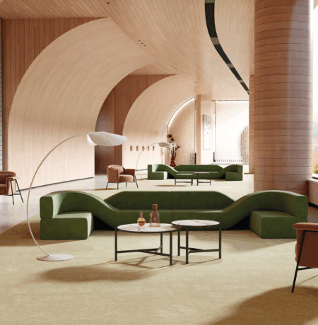 Collaborative modular student desks arranged in a group setting