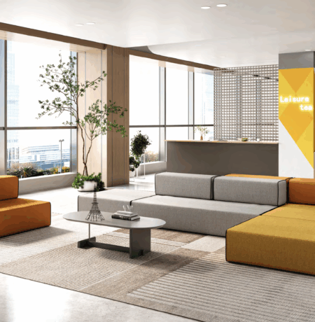 Modern 2026 office featuring height adjustable desks and ergonomic chairs
