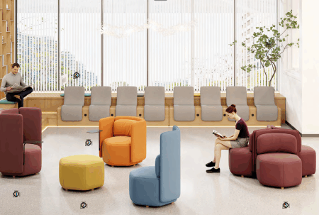 A variety of customized meeting booths with corporate branding and colors