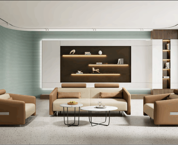 A large scale office furniture showroom displaying customized storage solutions for corporate clients.