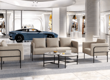 A professional furniture showroom featuring various executive desk designs
