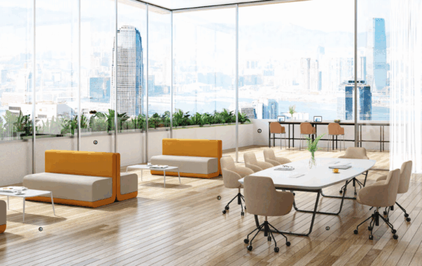 Modern office workstation layout featuring ergonomic desks sourced from China