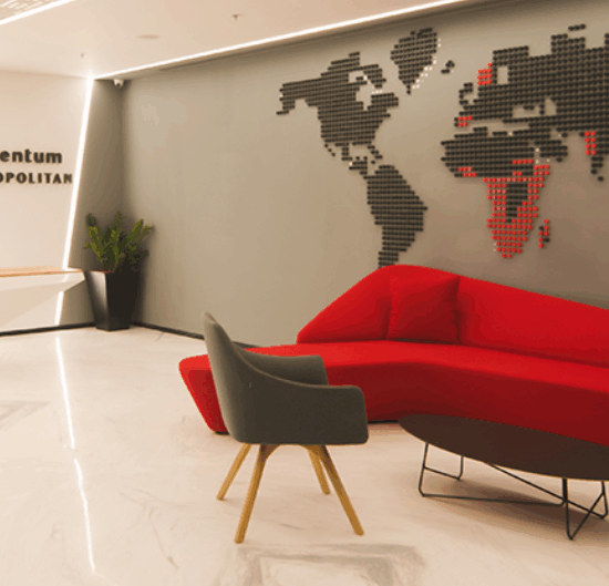 Modern coworking space with ergonomic desks and modular seating