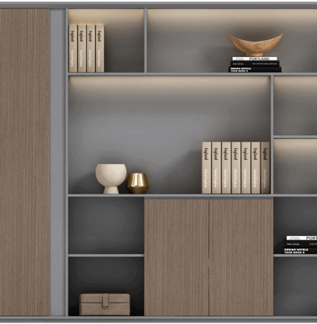 Close up of high-end office furniture finishes including sustainable oak and smart glass.