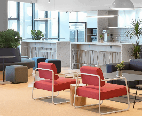 Close up of a smart conference table with built in power and data ports.