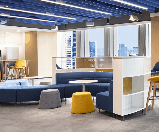 Modern office interior featuring sleek row of smart lockers for employees