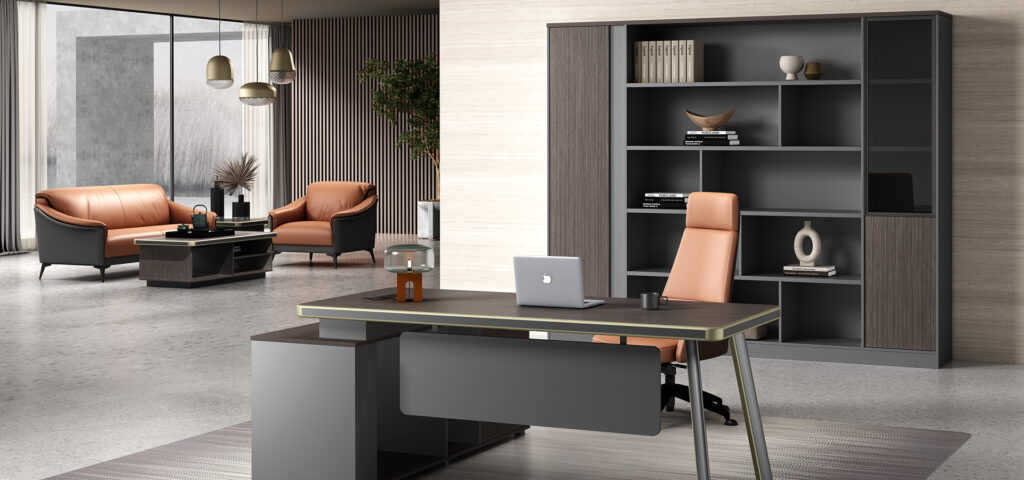 A variety of ergonomic office chairs and modular desks in a showroom
