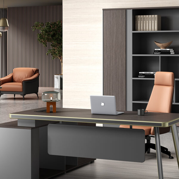 Customized standing desk with integrated smart technology and private brand logo.