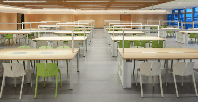 Modern open plan office with ergonomic workstations and modular furniture